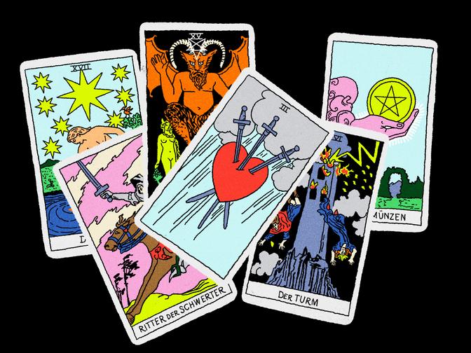 Fünf farbenfrohe Tarotkarten mit den Motiven „Der Stern“, „Der Teufel“, „Drei Schwerter“, „Der Turm“ und „Ass der Pentagramme“, jeweils mit detaillierten Illustrationen.