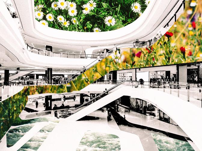 Ein Einkaufszentrum in dem die Flächen vom Interieur mit Naturelementen dargestellt werden.