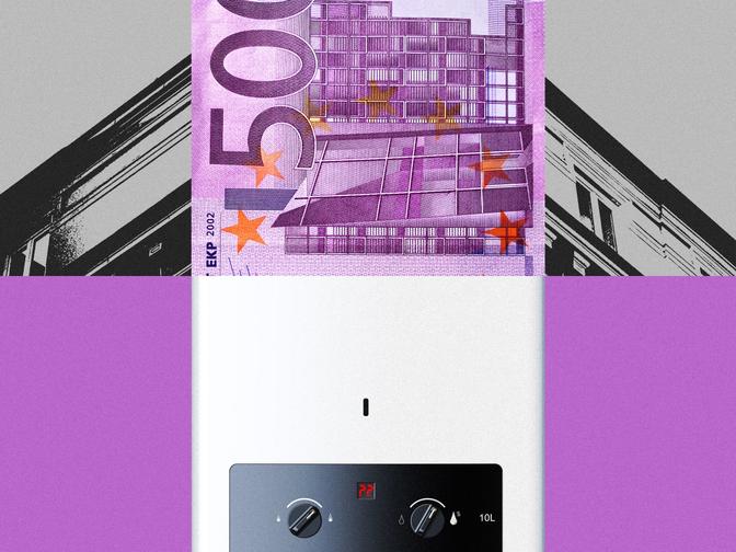 Eine 500-Euro-Banknote, die aus einem weißen Gerät mit Reglern herausragt, vor einem grünen Hintergrund und grafischen Elementen von Gebäuden.