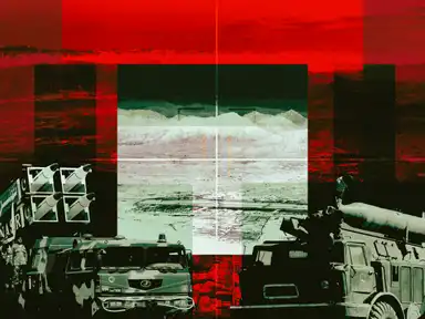 Abstraktes Bild mit Militärfahrzeugen und Raketenwerfern vor einer rot-grünen Berglandschaft.