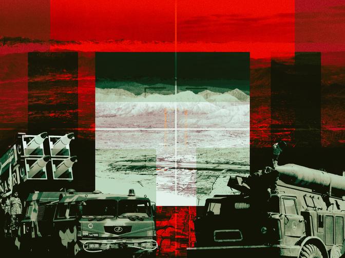 Abstraktes Bild mit Militärfahrzeugen und Raketenwerfern vor einer rot-grünen Berglandschaft.