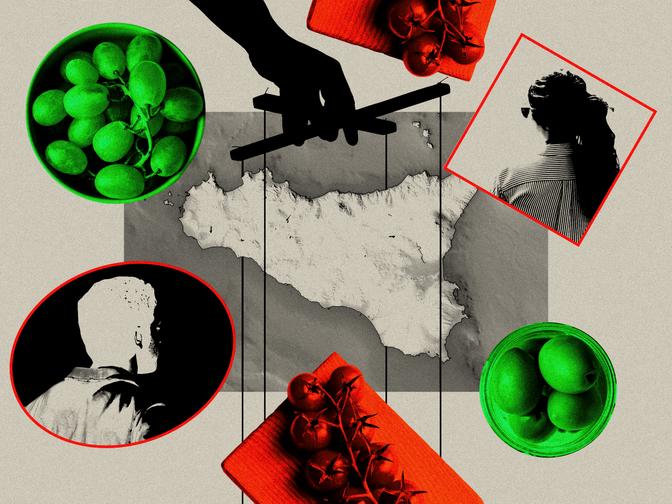 Bildcollage: Im Hintergrund ist eine Karte von Sizilien zu sehen. Im Vordergrund befinden sich ein Marionettenkreuz sowie Trauben und Tomaten.