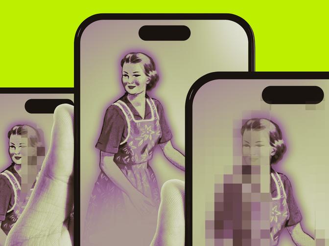 Eine Retro-Illustration einer Frau auf Smartphone-Bildschirmen vor gelbem Hintergrund; eine Hand hält ein Smartphone.