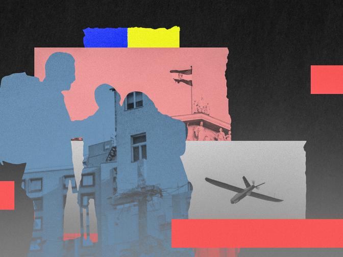 Abstrakte Collage mit Silhouetten, Gebäude, Flagge und Drohne vor bunten Blöcken und einem dunklen Hintergrund.