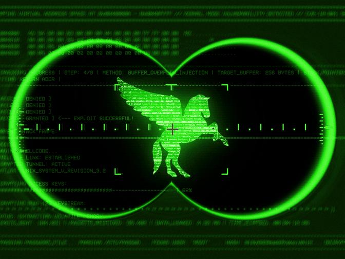 Digitaler grüner Pegasus aus Code, umgeben von technischen Daten und Zielsymbolen, auf einem Bildschirm angezeigt.