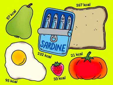 Illustration einer Birne, einer Konserve mit Sardinen, einer Toastbrotscheibe, eines Eis, einer Erdbeere und einer Tomate. Daneben stehen die Kalorienangaben der einzelnen Lebensmitteln.