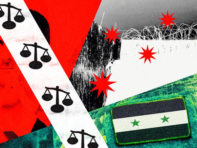 Abstrakte Collage mit Waage-Symbolen, Stacheldraht, roten Sternen und einer syrischen Flagge auf farbigem Hintergrund.