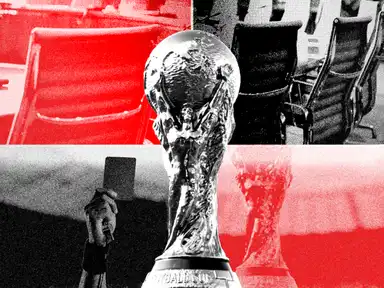 Eine Collage mit WM-Trophäe, Stühlen und einer erhobenen Hand mit roter Karte, in starkem Rot-Schwarz-Weiß-Kontrast.