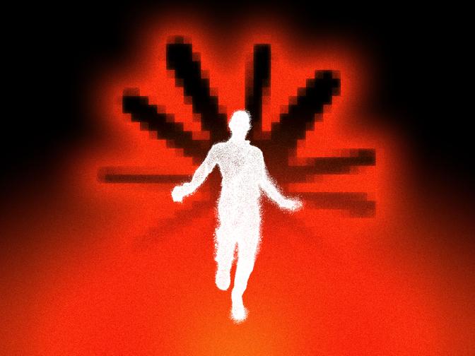 Weiße Silhouette einer Person auf rotem Hintergrund mit schwarzen, pixeligen Strahlen im Hintergrund.