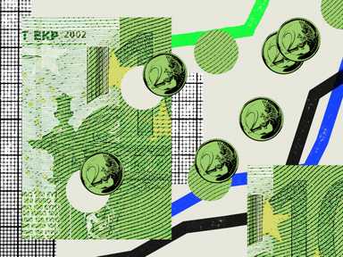 Abstrakte Collage aus Euro-Banknoten und -Münzen mit bunten Linien und Gittermustern, die Finanztrends, Gehalt und Vorsorge symbolisieren.
