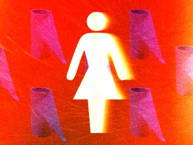Stilisierte Figur einer Person auf rotem Hintergrund, umgeben von lila Toilettenpapierrollen, mit einem leuchtenden Effekt.