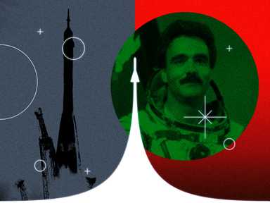 Illustration eines Raumfahrzeugs und eines Astronauten in einem stilisierten, farbenfrohen Design mit geometrischen Formen und Kontrasten.