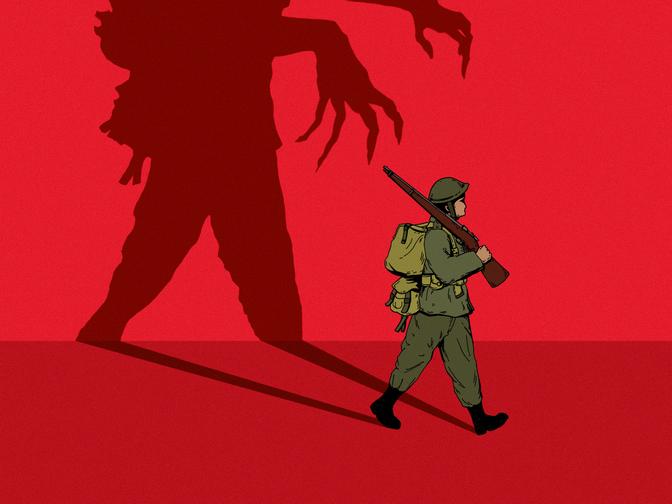 Ein Soldat mit Gewehr und Rucksack marschiert; sein Schatten zeigt eine bedrohliche Figur mit Krallenhänden auf rotem Hintergrund.