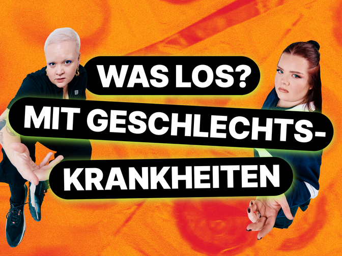 Mimi und Maria mit der Überschrift "Was los? mit Geschlechtskrankheiten" im Hintergrund ein Bild von Kondomen.