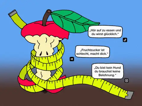 Ein halb gegessener Apfel, eingewickelt in ein Maßband mit deutschen Textblasen über Ernährung.