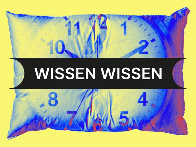 Ein Kissen mit einer aufgedruckten Uhr, überlagert von einem schwarzen Banner mit der Aufschrift "WISSEN WISSEN" auf gelbem Hintergrund.