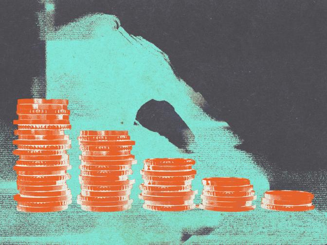 Eine verzweifelte Person und Geld, das immer weniger wird.