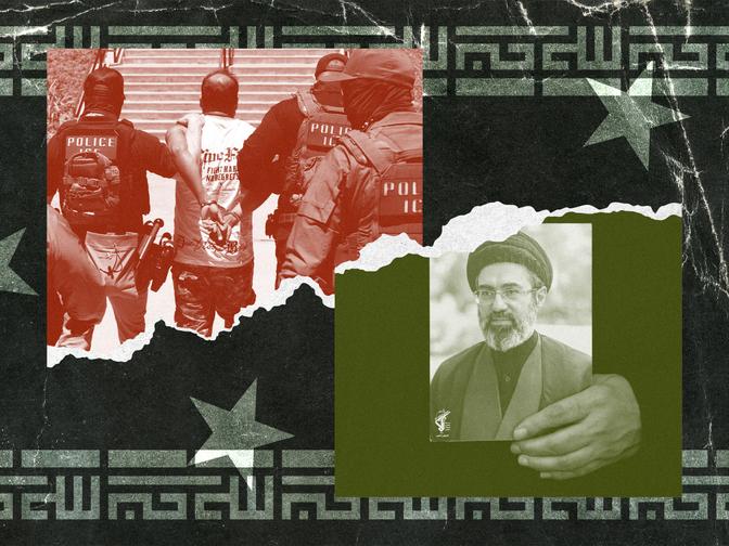 Collage mit Polizisten, die eine Person festnehmen, und einem Porträt eines Mannes im traditionellen Gewand. Hintergrund mit Mustern und Sternen.