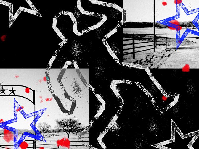 Kreideumrisse, rote Spritzer, blaue Sterne und monochrome ländliche Szenen ergeben ein geheimnisvolles, collageartiges Bild.