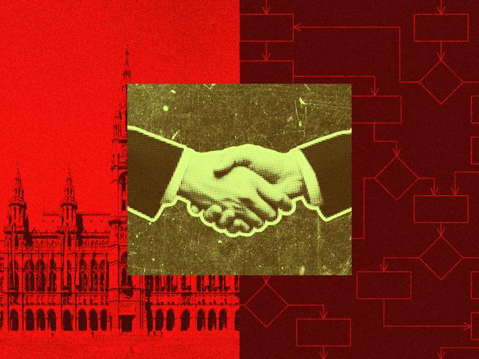 Ein Handschlag im Vintage-Stil vor einem roten Hintergrund mit dem Wiener Rathaus und einem Flussdiagrammmuster, das symbolisiert, wie verschachtelt die Unternehmensstruktur der Stadt Wien ist.