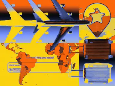 Collage aus Flugzeug, Weltkarte, Koffer und einem digitalen Dialogfenster vor einem gelb-orange-blauen Hintergrund.