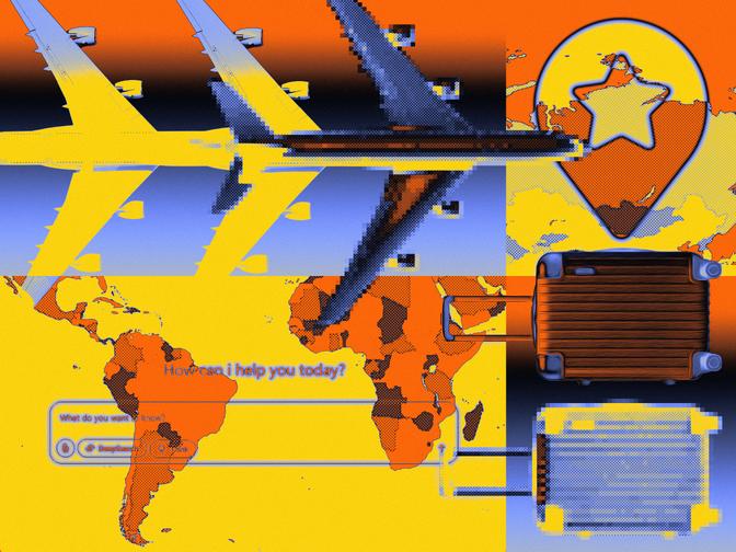 Collage aus Flugzeug, Weltkarte, Koffer und einem digitalen Dialogfenster vor einem gelb-orange-blauen Hintergrund.