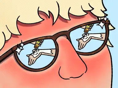 Eine Cartoon-Person mit Brille; im Brillenglas spiegelt sich eine Hand mit Sonnencreme.