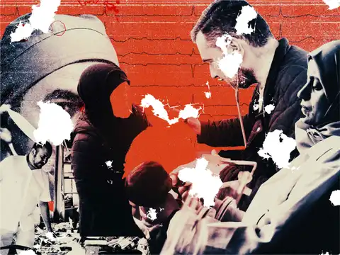 Eine Collage von Szenen aus dem Leben von Ärzten in Gaza.