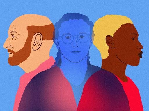 Eine Illustration von Janina Falk, die zwischen zwei Personen steht, die von ihr weggedreht sind. Sie ist transparent, sinnbildlich für die Unsichtbarkeit vieler Behinderungen.