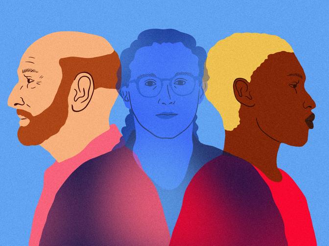 Eine Illustration von Janina Falk, die zwischen zwei Personen steht, die von ihr weggedreht sind. Sie ist transparent, sinnbildlich für die Unsichtbarkeit vieler Behinderungen.