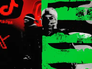 Abstract digital collage featuring red and green elements, with a pixelated face and blurred text, creating a chaotic, glitchy effect.