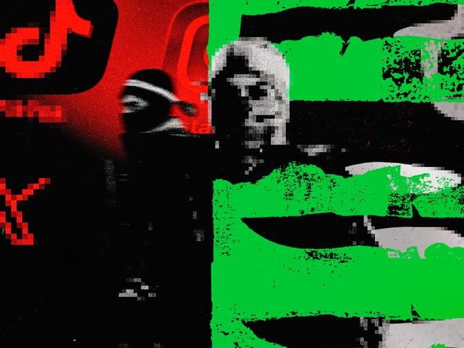Abstract digital collage featuring red and green elements, with a pixelated face and blurred text, creating a chaotic, glitchy effect.