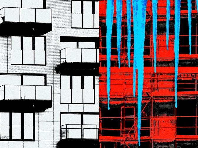 Rechts ist ein Foto von einem Baugerüst mit Eiszapfen zu sehen – Links ist Bild von einem renoviertem Gebäude