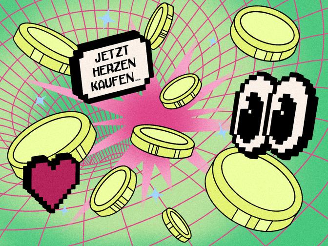 Pixelgrafik mit Münzen, einem Herz und Augen auf grünem Hintergrund. Text auf Schild: "JETZT HERZEN KAUFEN...".