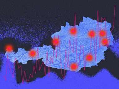 Karte von Österreich in Blau, überlagert mit roten Punkten und rosa Linien, die statistische Daten oder Aktivitäten darstellen.
