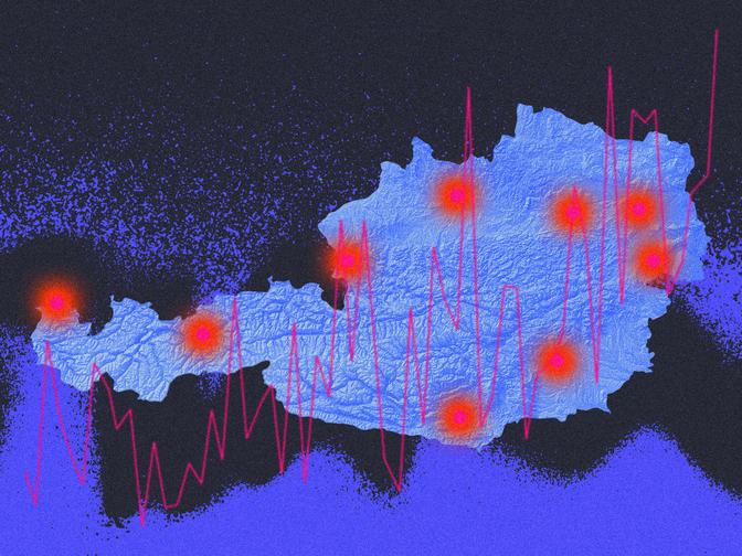 Karte von Österreich in Blau, überlagert mit roten Punkten und rosa Linien, die statistische Daten oder Aktivitäten darstellen.