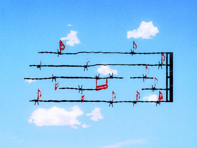 Barbed wire arranged like musical notes against a blue sky with white clouds, resembling a surreal musical score.