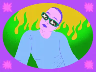 Illustration von Verena Bogner in bunten Farben mit Flammen im Hintergrund und einem Rahmen mit Sternen.