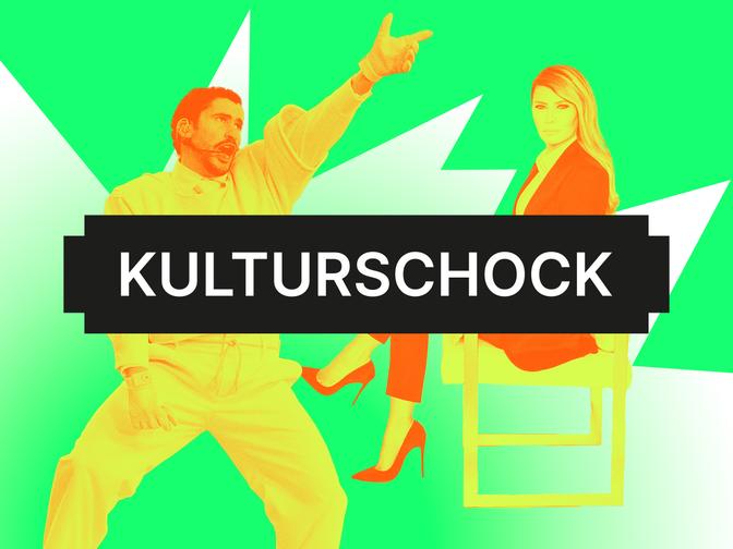 Eine lebhafte Grafik zeigt Bad Bunny während seiner Superbowl Show, der energisch gestikuliert, und eine sitzende Melania Trump, vom Poster ihrer Dokumentation "Melania" mit dem Schriftzug „Kulturschock” in fetter schwarzer Schrift auf grünem Hintergrund.