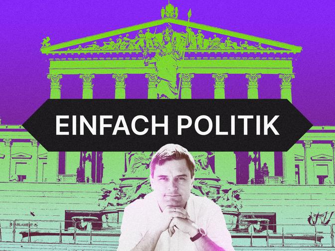 Mann im weißen Hemd mit nachdenklicher Pose vor dem Österreichischen Parlament. Der Text lautet „EINFACH POLITIK“.
