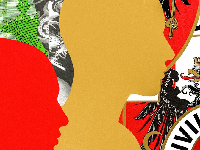 Stilisierte Profilsilhouette einer Person in Rot und Gold, überlagert von einer Collage aus historischen Bildern, Symbolen und Text vor einem lebhaften Hintergrund.