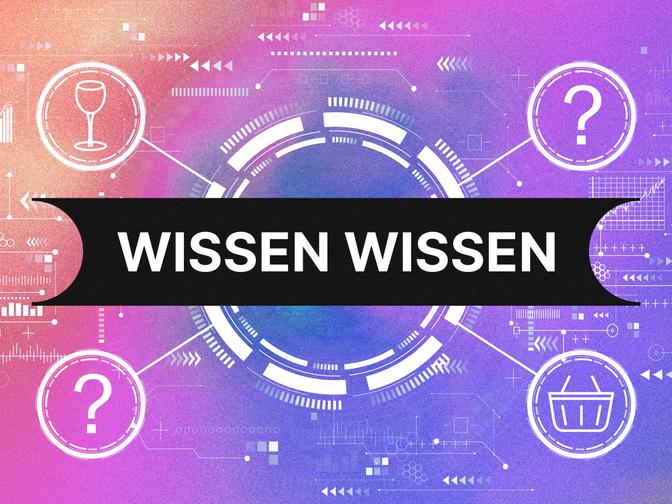 Technologisches Design mit "WISSEN WISSEN" in der Mitte, umgeben von Symbolen wie Weinglas, Korb und Fragezeichen, auf buntem Hintergrund.