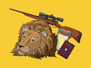 Ein Gewehr, ein Löwenkopf, ein Reiseführer mit der Aufschrift "Jagdreisen" und ein österreichischer Reisepass vor gelbem Hintergrund.