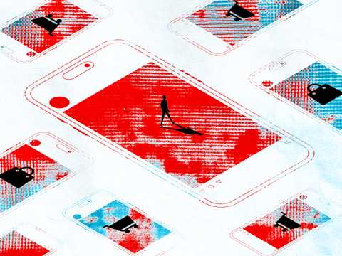 Abstrakte Illustration von Smartphones mit roten und blauen Mustern. Silhouetten einer Person und verschiedene Symbole, wie eine Handtasche und ein Einkaufswagen, sind erkennbar.