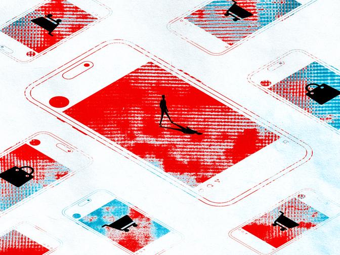 Abstrakte Illustration von Smartphones mit roten und blauen Mustern. Silhouetten einer Person und verschiedene Symbole, wie eine Handtasche und ein Einkaufswagen, sind erkennbar.
