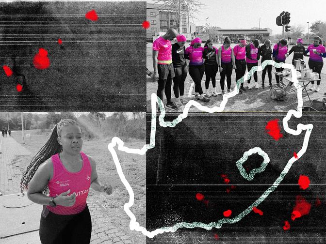 Läuferin in pinkem Shirt joggt, daneben Gruppe in pinken Shirts im Kreis stehend. Karte von Südafrika im Hintergrund, rote Flecken.