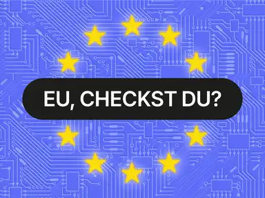 Blauer Hintergrund mit Schaltkreis, gelbe EU-Sterne, Text "EU, CHECKST DU?" in der Mitte auf schwarzem Oval.