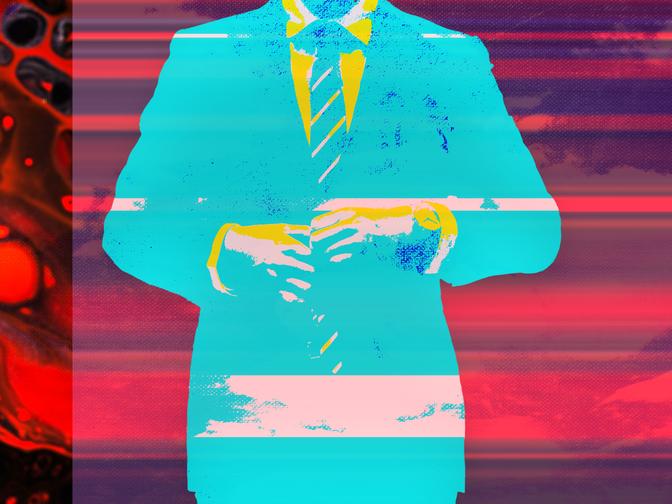 Abstraktes Bild einer Person im Anzug mit Krawatte, dargestellt in leuchtenden Farben und Glitch-Effekten, vor einem lebendigen rot-lila Hintergrund.