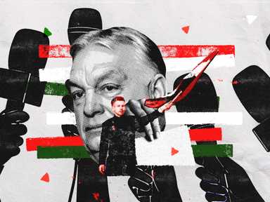 Collage aus dem Gesicht eines Mannes, Mikrofonen und einer kleineren Figur mit roten, weißen und grünen Streifen im Hintergrund, die einer Flagge ähnelt.