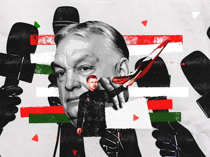 Collage aus dem Gesicht eines Mannes, Mikrofonen und einer kleineren Figur mit roten, weißen und grünen Streifen im Hintergrund, die einer Flagge ähnelt.